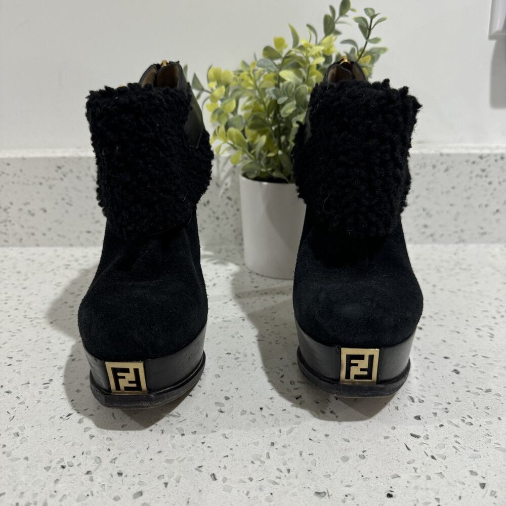 Fendi FF Black Fendista Shearling Fur Suede Buckled Platform Ankle Boots LS 36 - Picture 8 of 8